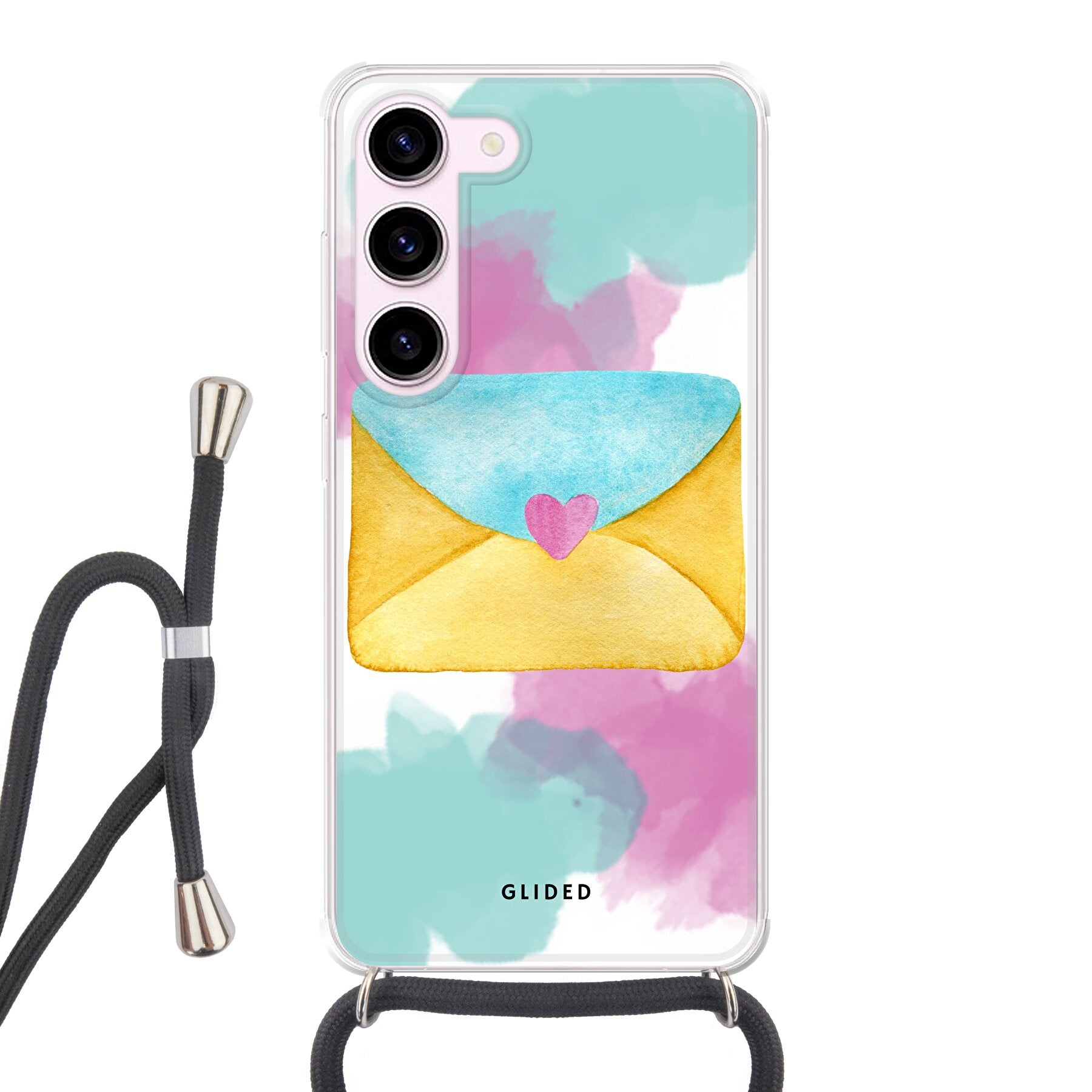 Romantische Samsung Galaxy S23 Handyhülle in Pastellfarben mit einem Liebesbrief-Design.
