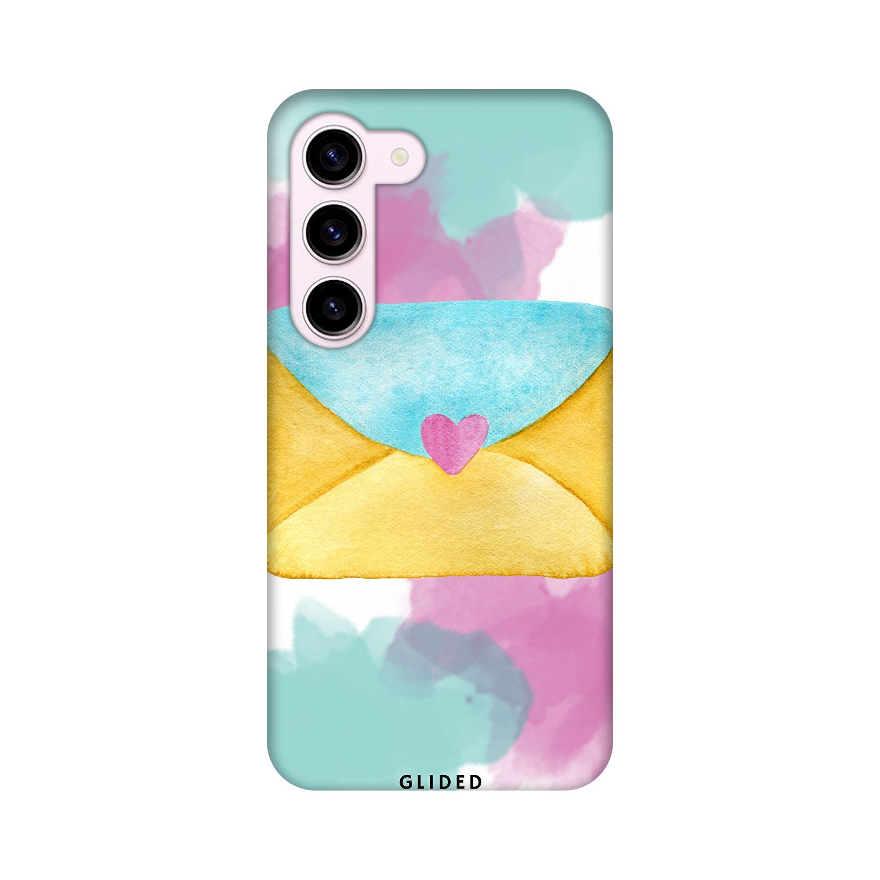 Envelope Handyhülle für Samsung Galaxy S24 in zarten Pastellfarben mit einem liebevollen Liebesbrief-Design.