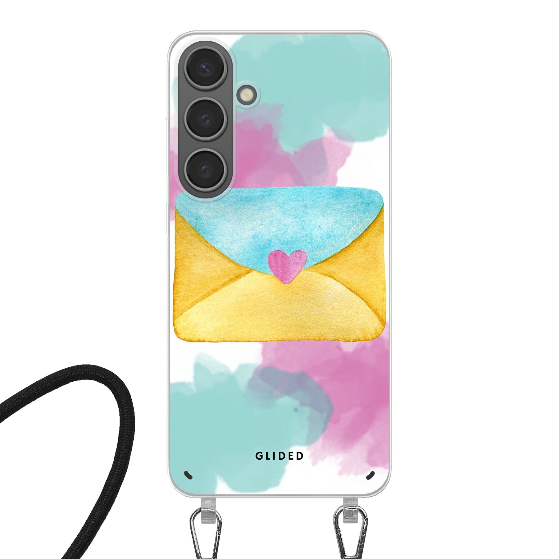 Romantische Samsung Galaxy S24 Plus Handyhülle in sanften Pastellfarben mit einem Liebesbrief-Design.