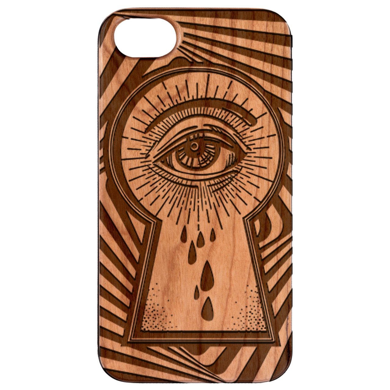 Eye at the Key Hole engraved wooden phone case showcasing intricate design and natural wood finish.