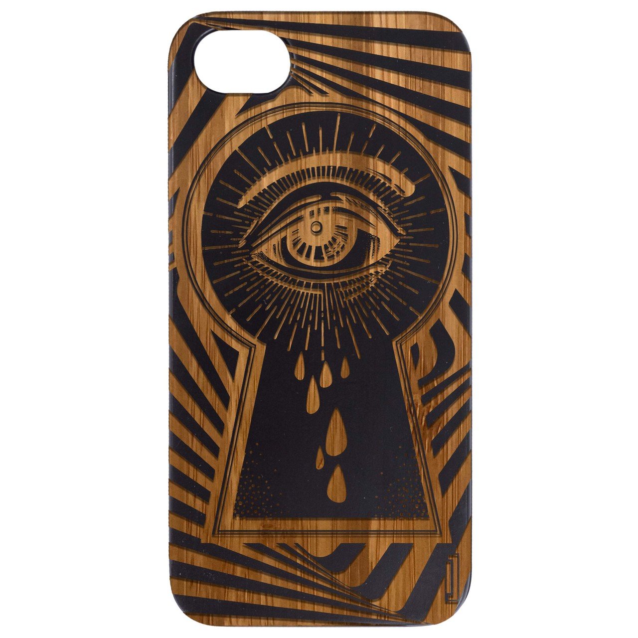 Eye at the Key Hole engraved wooden phone case showcasing intricate design and natural wood finish.