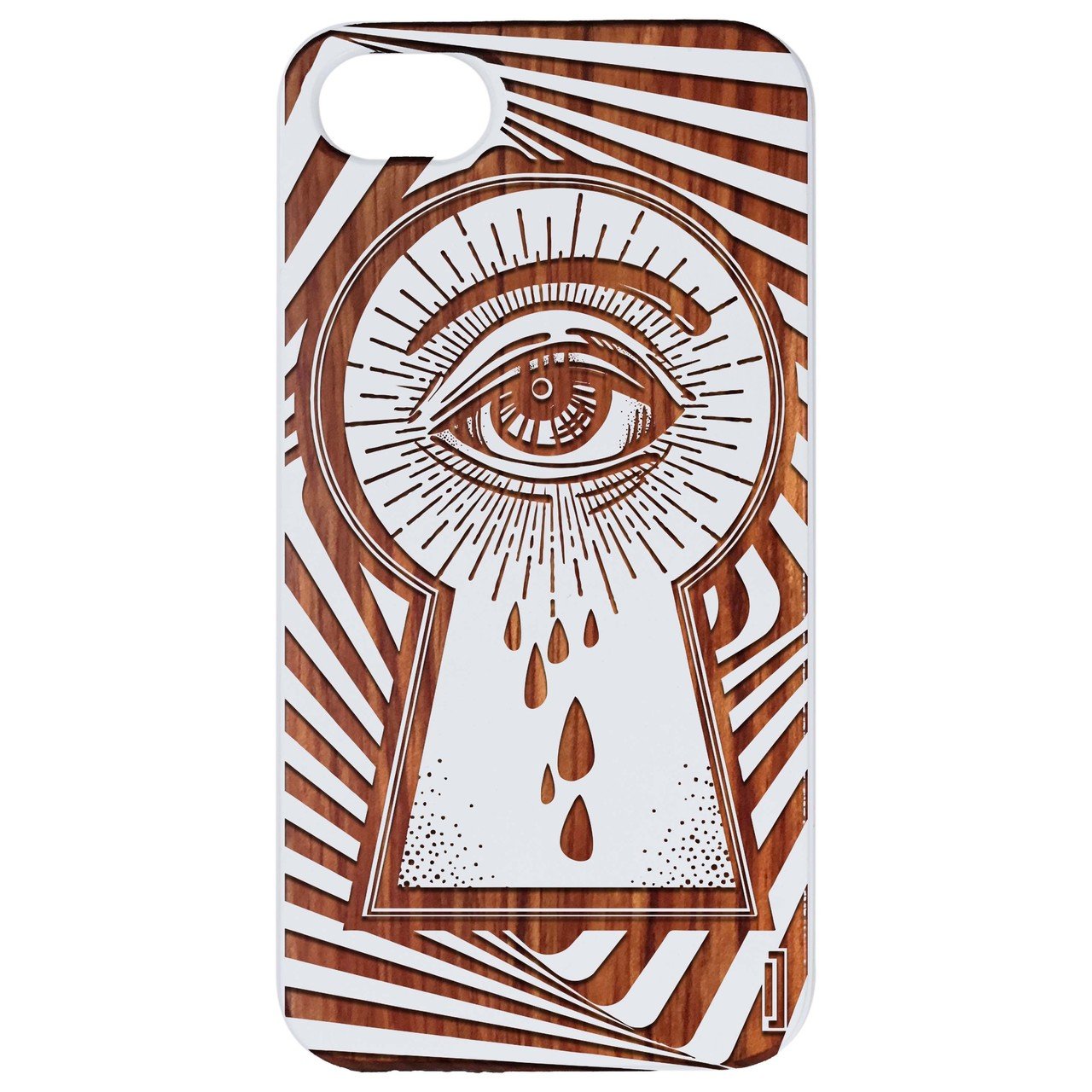 Eye at the Key Hole engraved wooden phone case showcasing intricate design and natural wood finish.