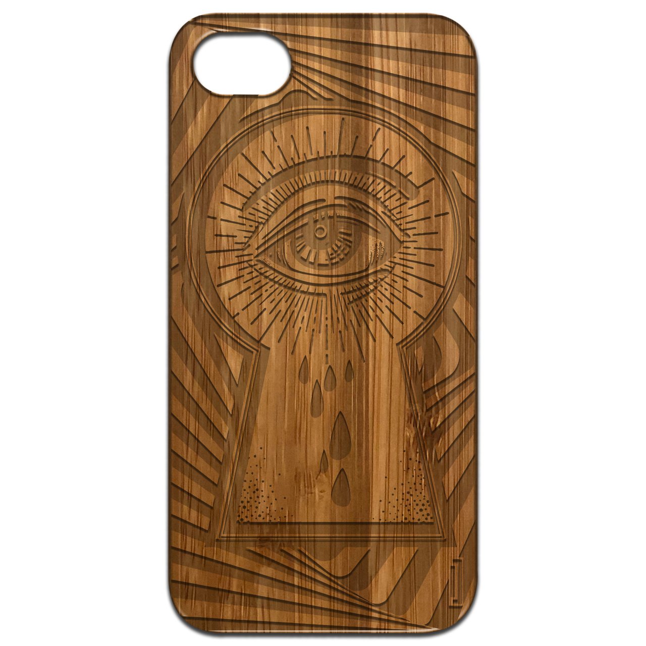 Eye at the Key Hole engraved wooden phone case showcasing intricate design and natural wood finish.