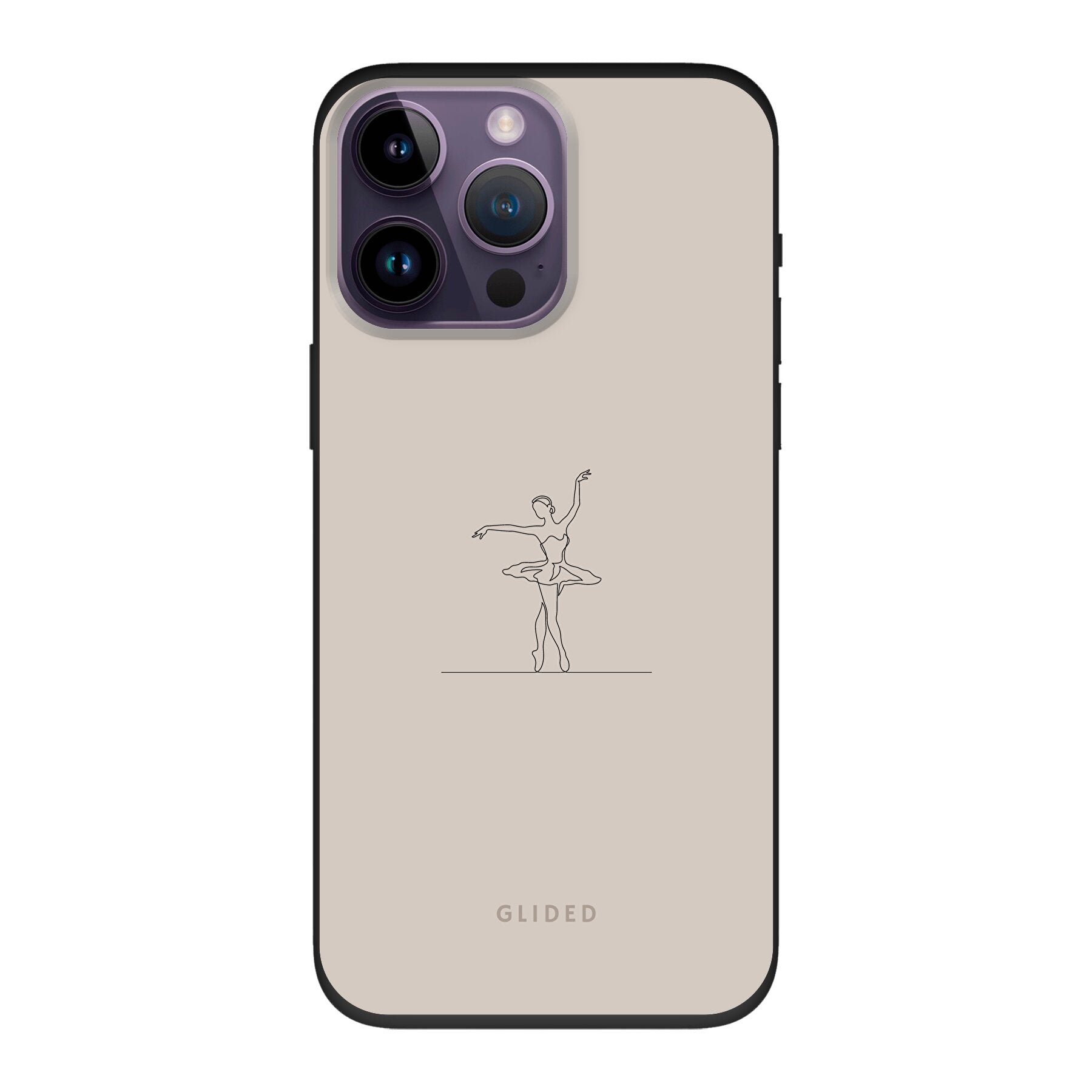 Felicity iPhone 14 Pro Max Handyhülle mit zartem Balletttänzer-Motiv auf beigem Hintergrund, elegant und schützend.