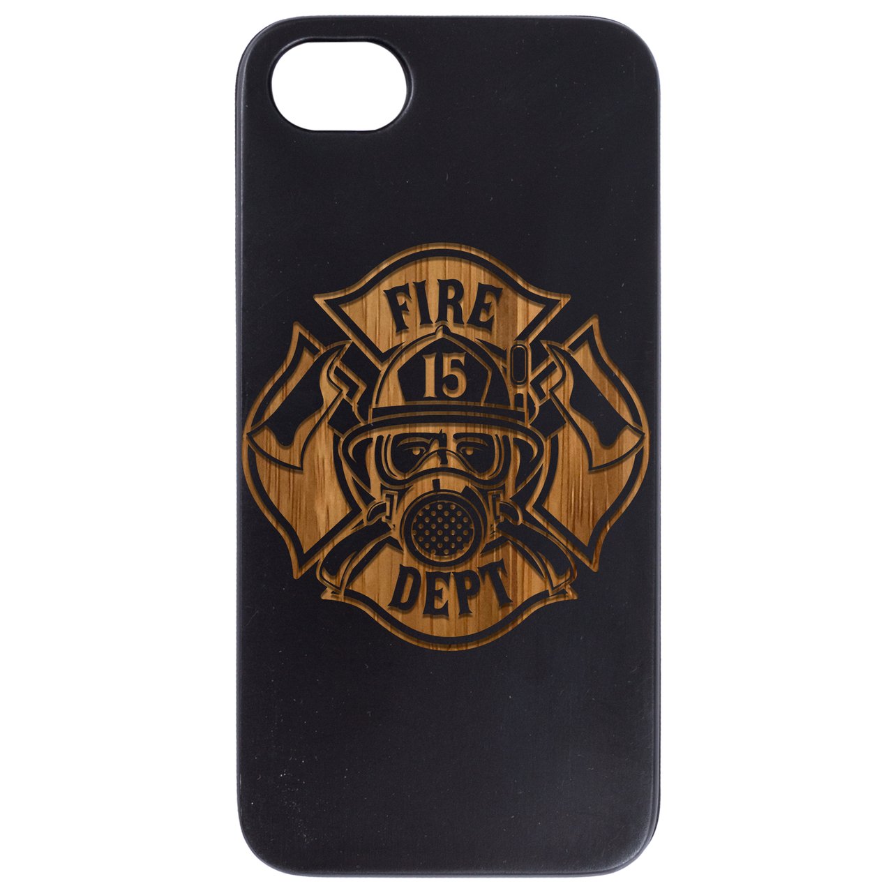 Fire Department Engraved wooden phone case showcasing unique design and natural wood finish.