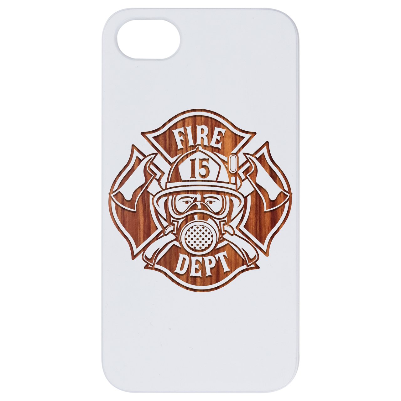 Fire Department Engraved wooden phone case showcasing unique design and natural wood finish.