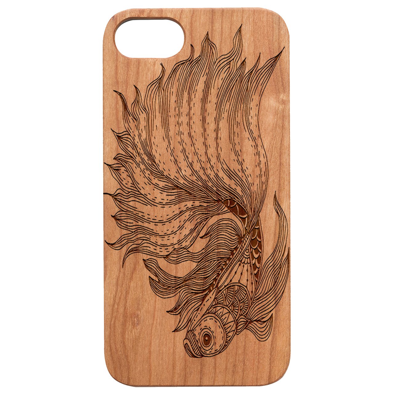 Fish Mandala engraved wooden phone case showcasing intricate design and natural wood finish.