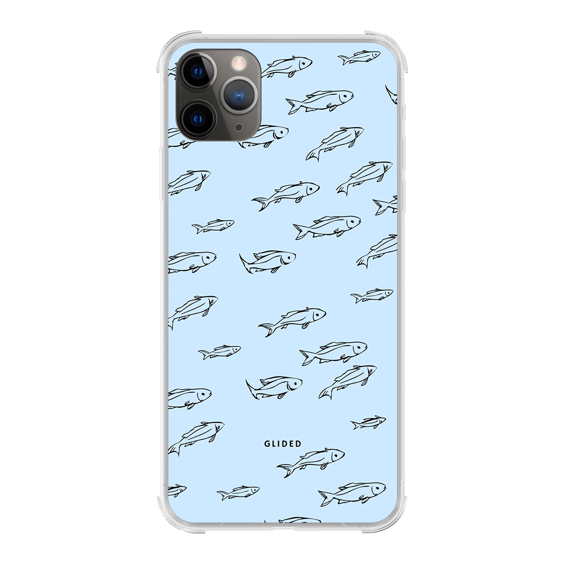 Fishy iPhone 11 Pro Max Handyhülle mit bunten Fischen auf einem hellen Hintergrund, bietet Schutz und Stil.