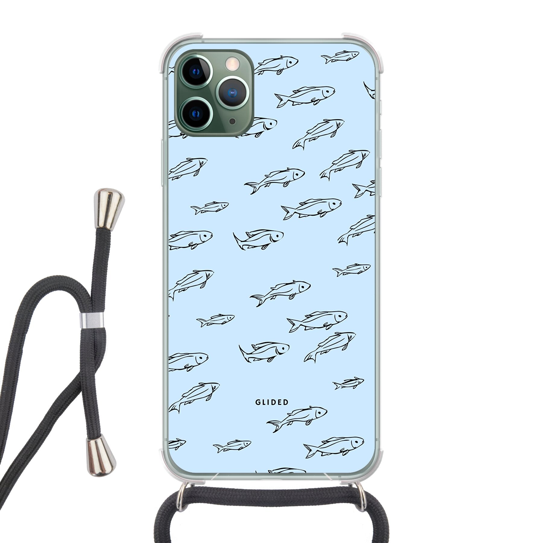 Fishy iPhone 11 Pro Max Handyhülle mit bunten Fischen auf einem hellen Hintergrund, bietet Schutz und Stil.