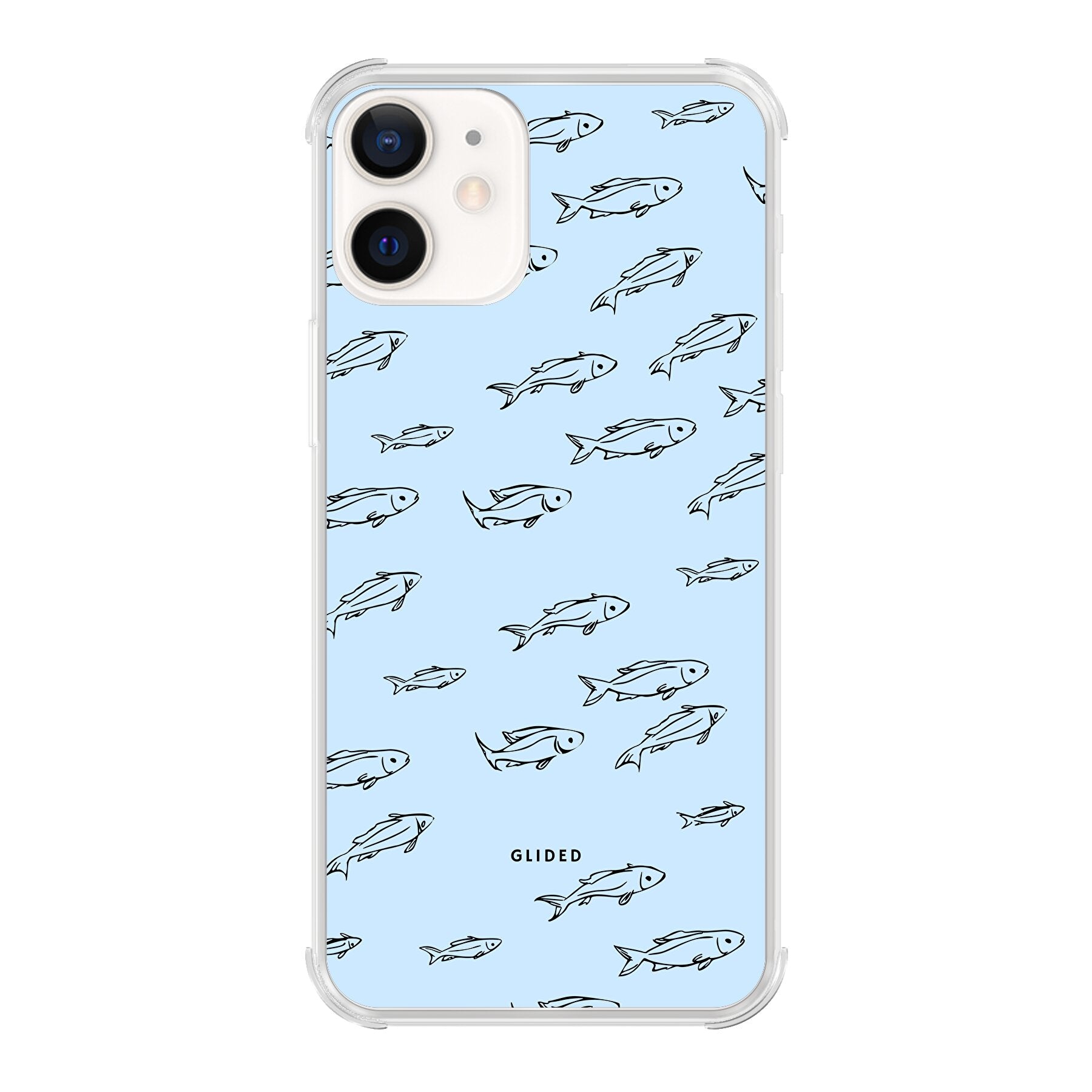 Fishy iPhone 12 Handyhülle mit bunten Fischen auf einem lebendigen Hintergrund, bietet Schutz und Stil.