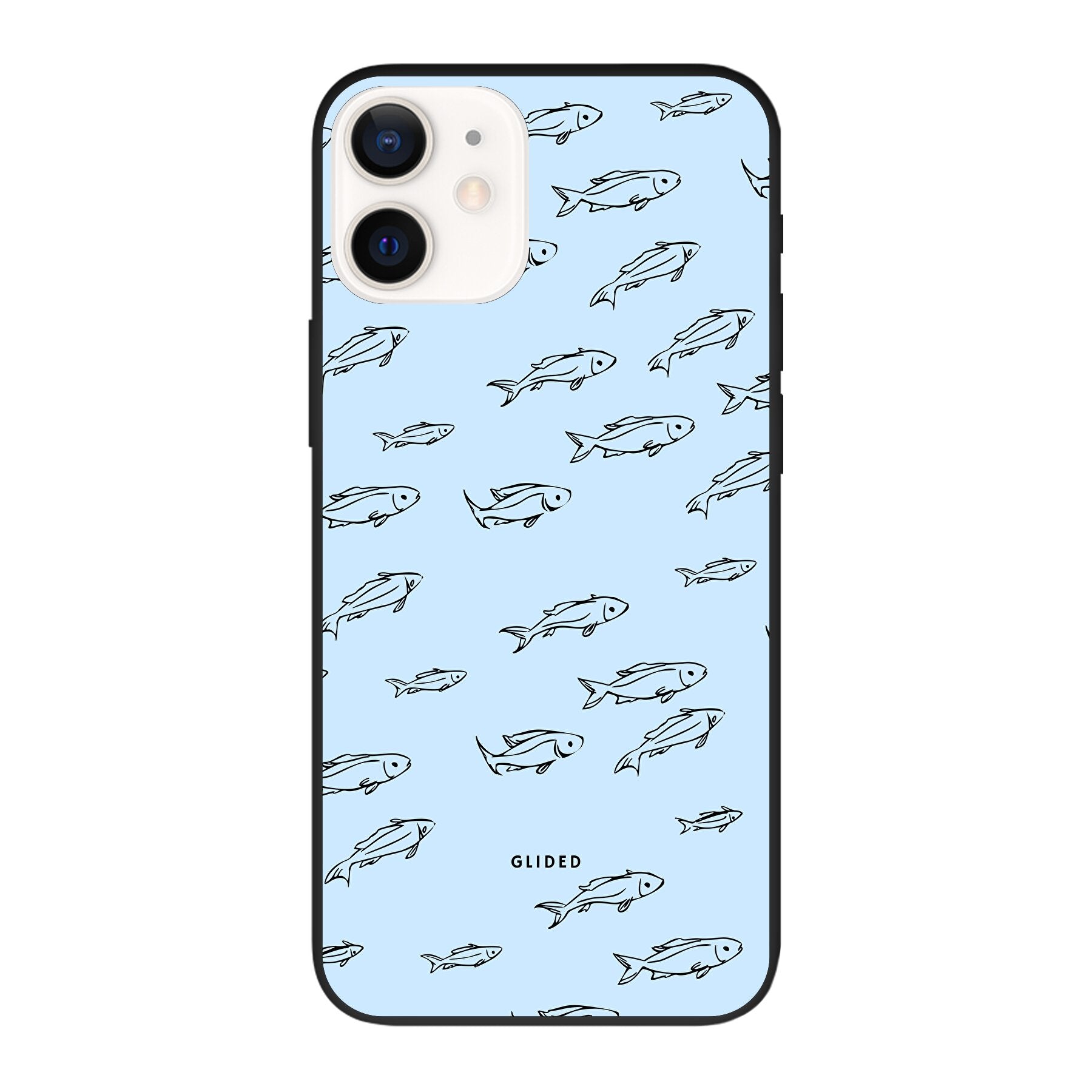 Fishy iPhone 12 Handyhülle mit bunten Fischen auf einem lebendigen Hintergrund, bietet Schutz und Stil.