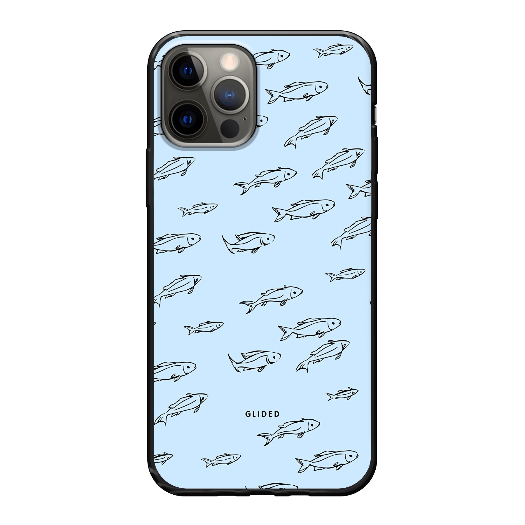Fishy iPhone 12 Handyhülle mit bunten Fischen auf einem lebendigen Hintergrund, bietet Schutz und Stil.