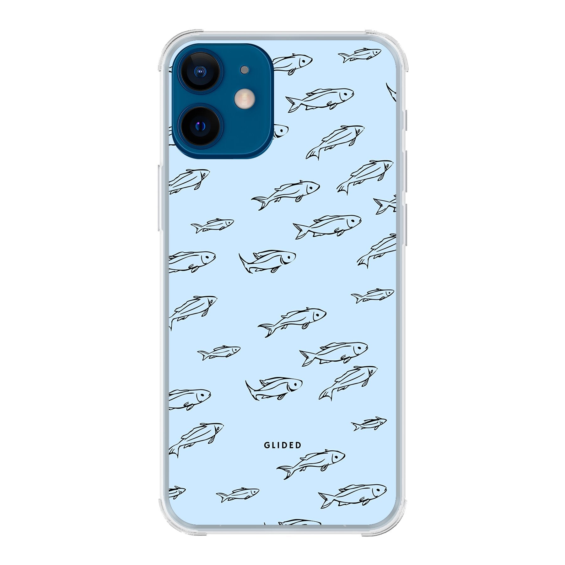 Fishy iPhone 12 mini Handyhülle mit bunten Fischen auf einem charmanten Hintergrund, idealer Schutz für dein Smartphone.