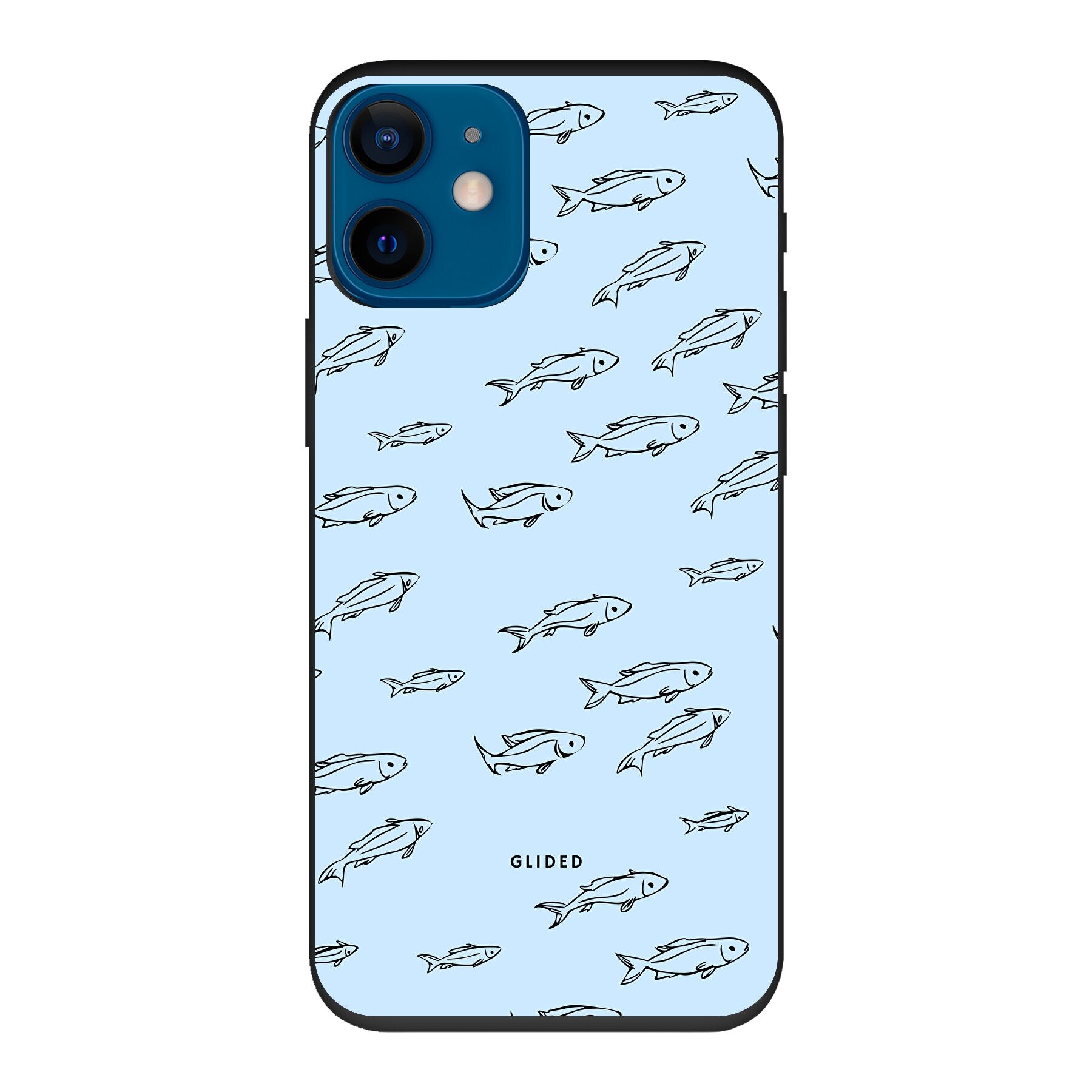 Fishy iPhone 12 mini Handyhülle mit bunten Fischen auf einem charmanten Hintergrund, idealer Schutz für dein Smartphone.