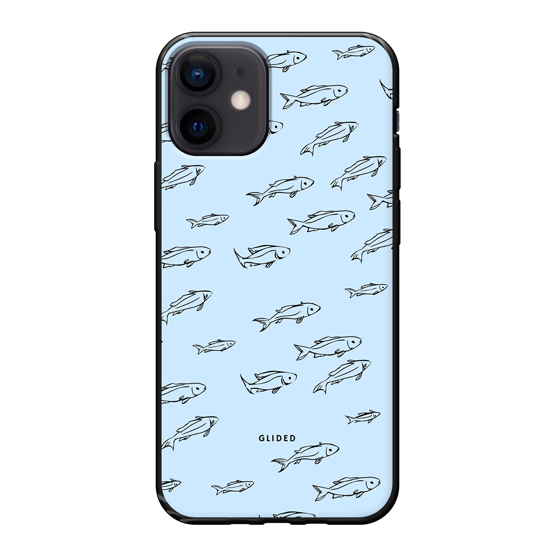 Fishy iPhone 12 mini Handyhülle mit bunten Fischen auf einem charmanten Hintergrund, idealer Schutz für dein Smartphone.