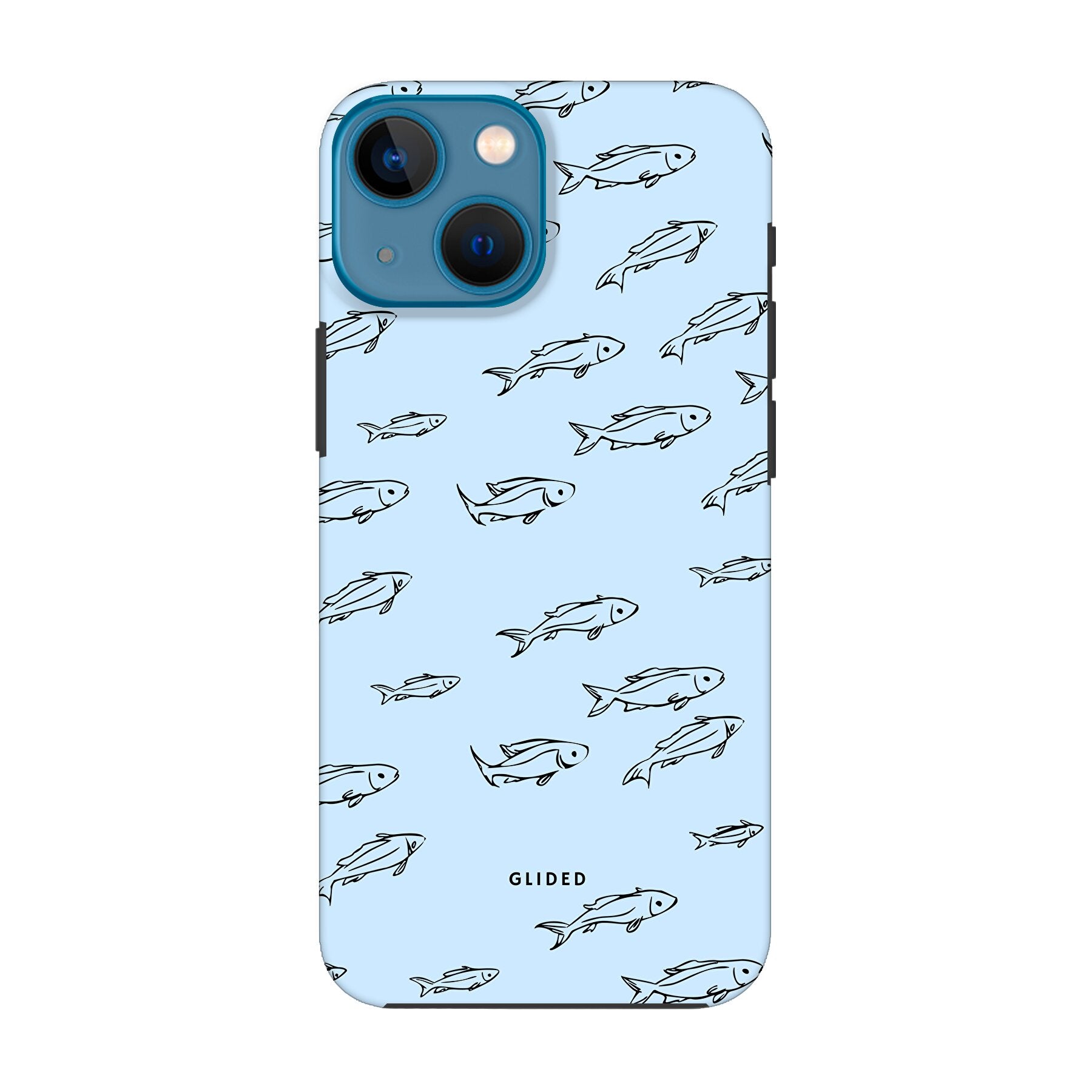 Fishy iPhone 13 mini Handyhülle mit bunten Fischen auf hellem Hintergrund, bietet Schutz und Stil.