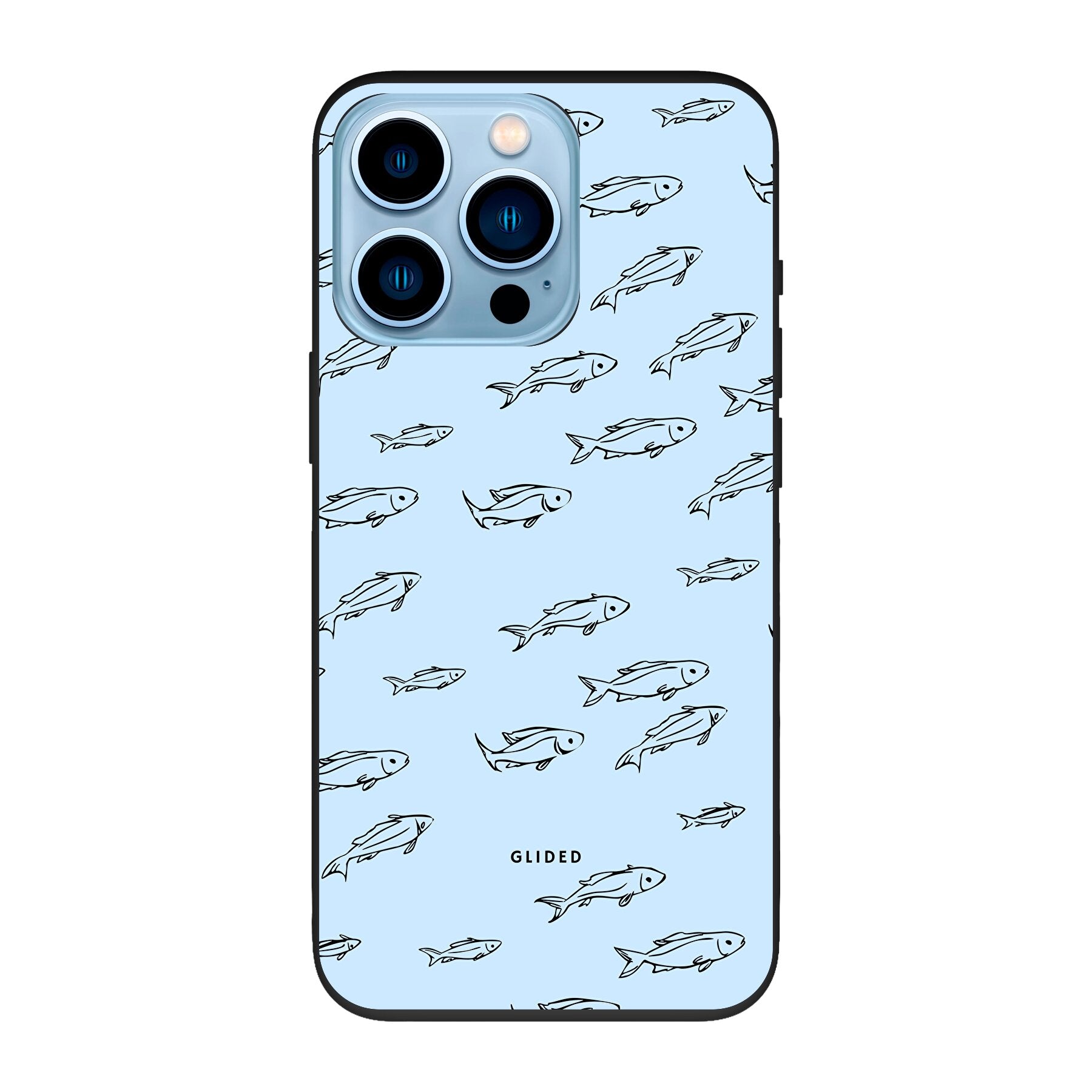 Fishy iPhone 13 Pro Handyhülle mit bunten Fischen auf einem hellen Hintergrund, bietet stilvollen Schutz und verspieltes Design.