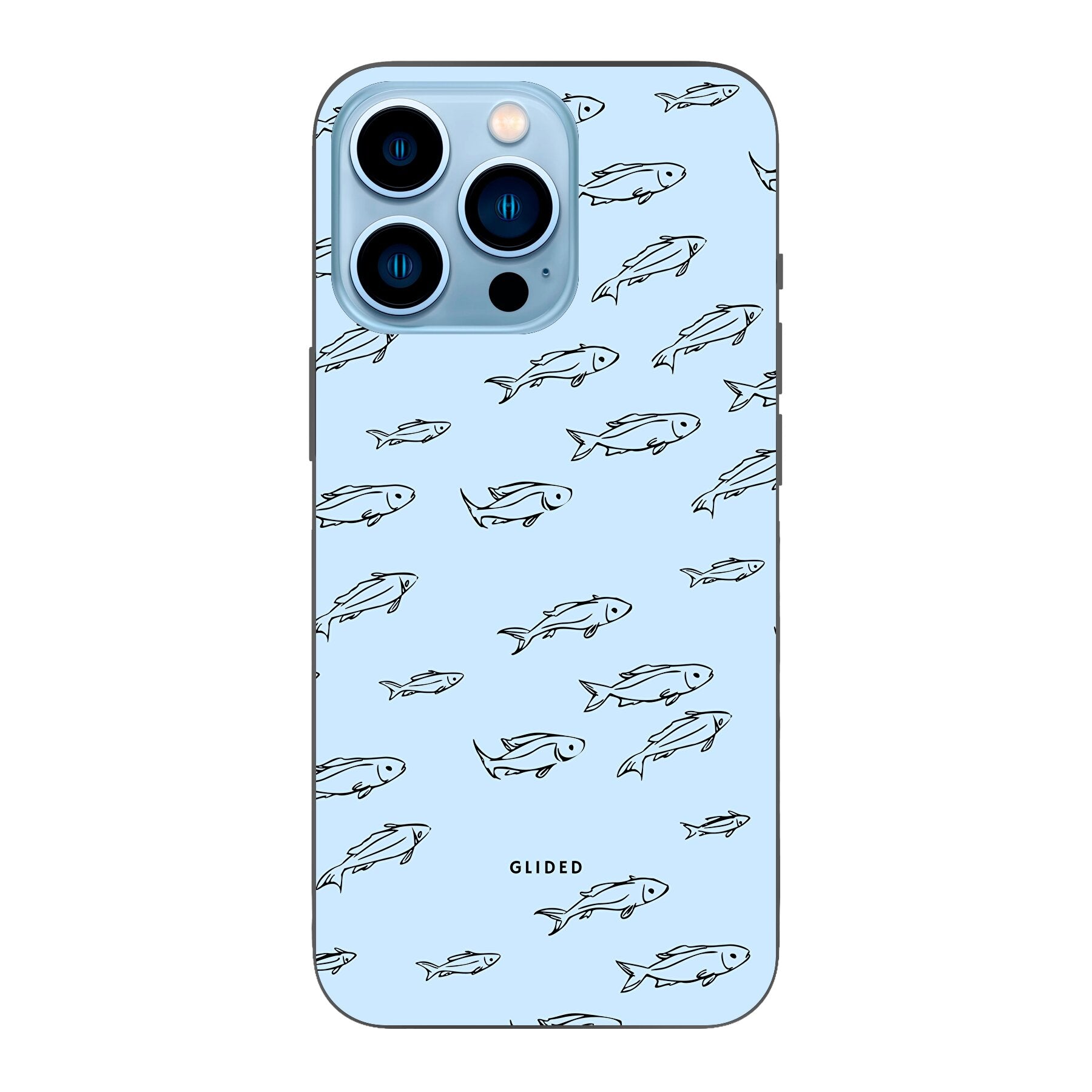 Fishy iPhone 13 Pro Max Handyhülle mit bunten Fischen auf einem hellen Hintergrund, bietet Schutz und Stil.