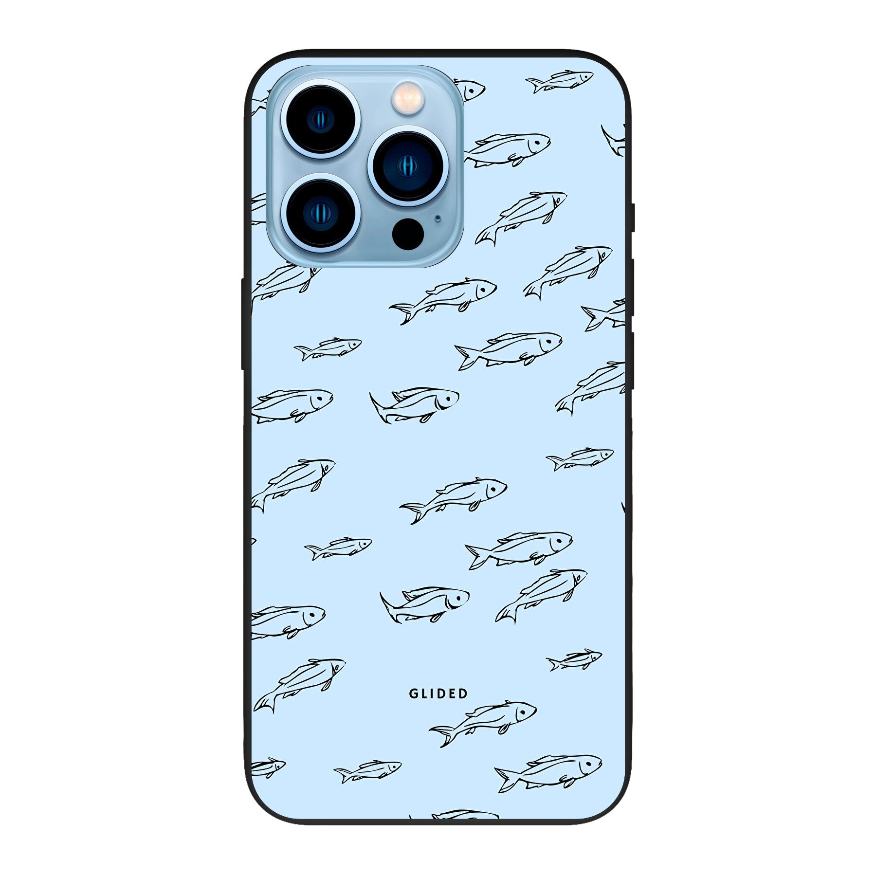 Fishy iPhone 13 Pro Max Handyhülle mit bunten Fischen auf einem hellen Hintergrund, bietet Schutz und Stil.