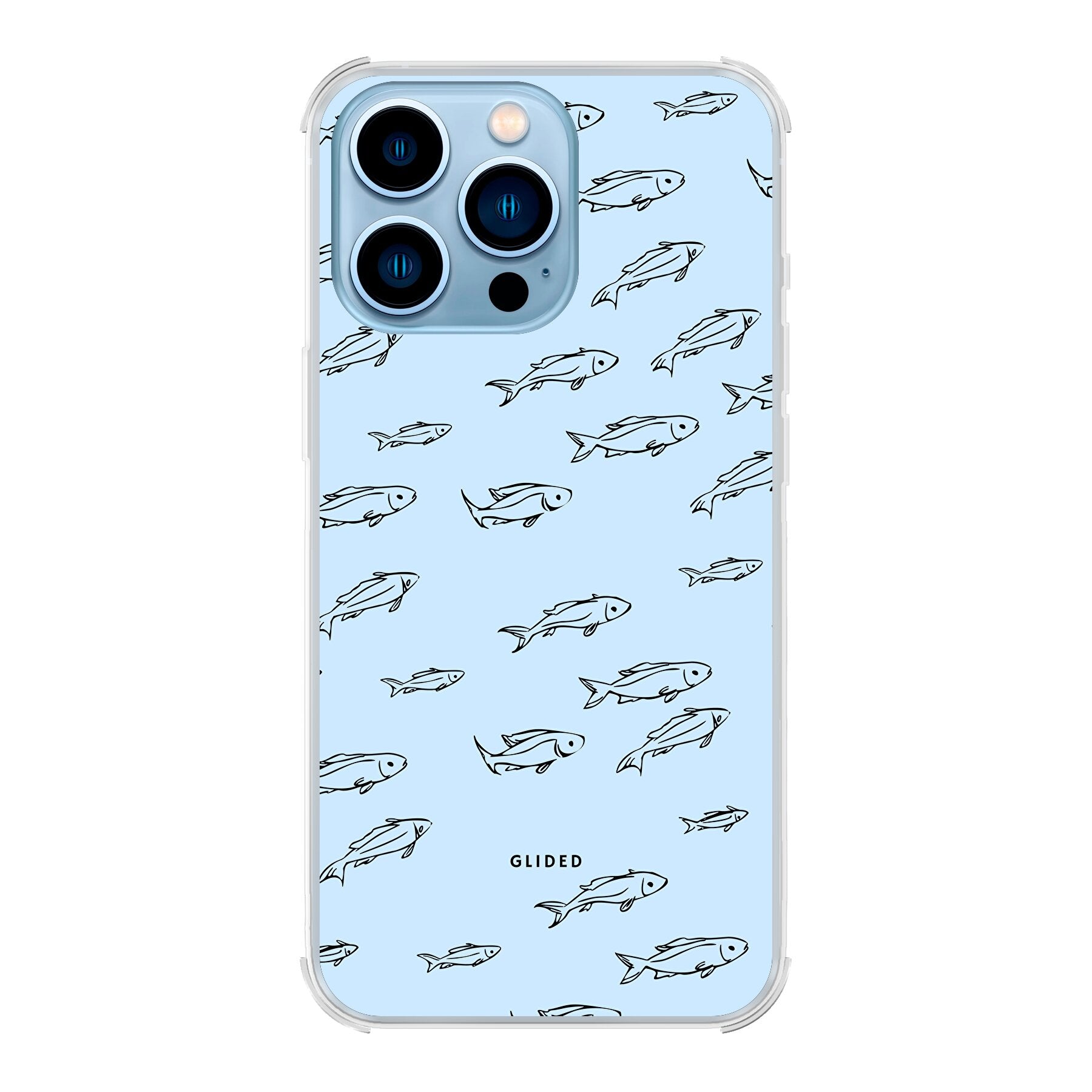 Fishy iPhone 13 Pro Max Handyhülle mit bunten Fischen auf einem hellen Hintergrund, bietet Schutz und Stil.