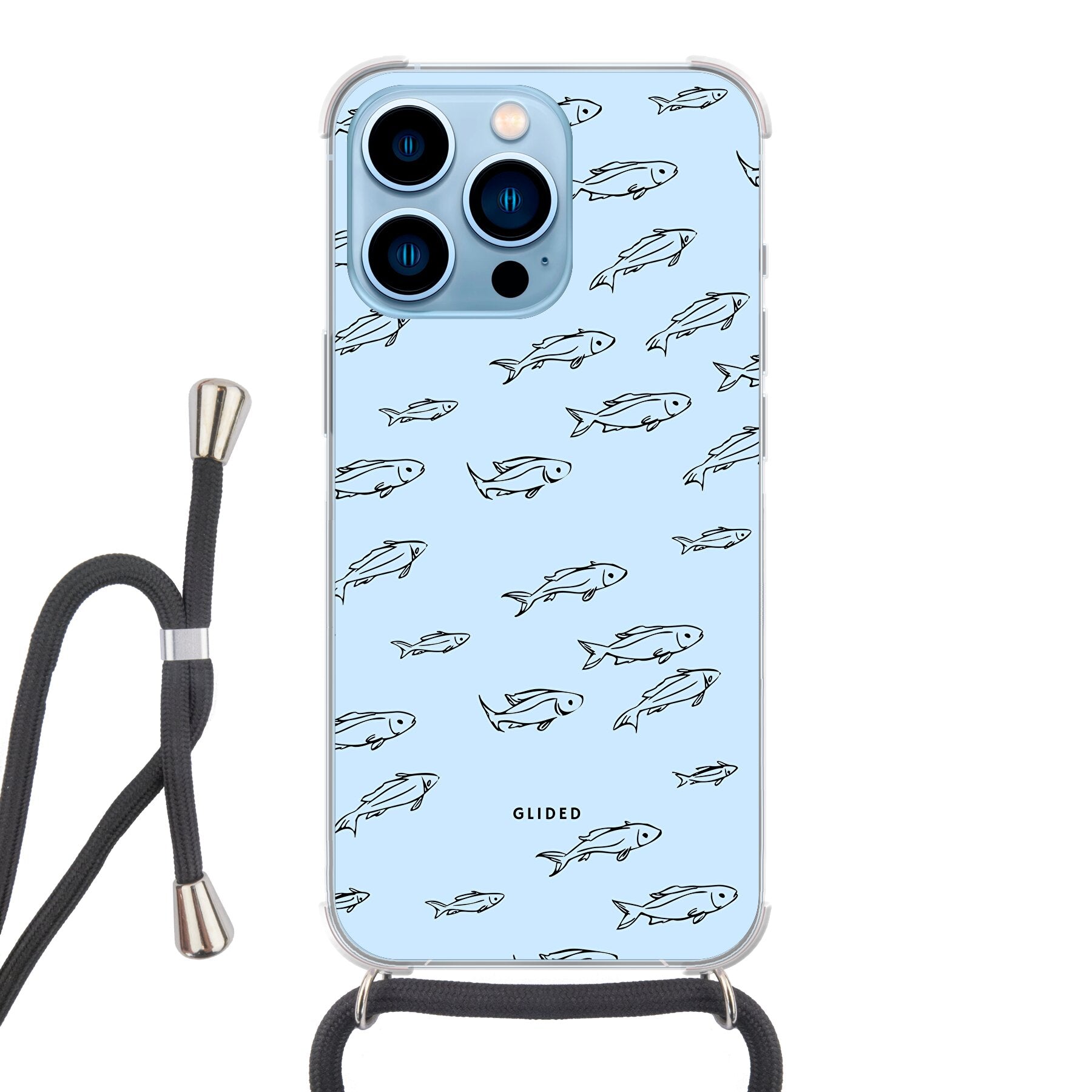 Fishy iPhone 13 Pro Max Handyhülle mit bunten Fischen auf einem hellen Hintergrund, bietet Schutz und Stil.