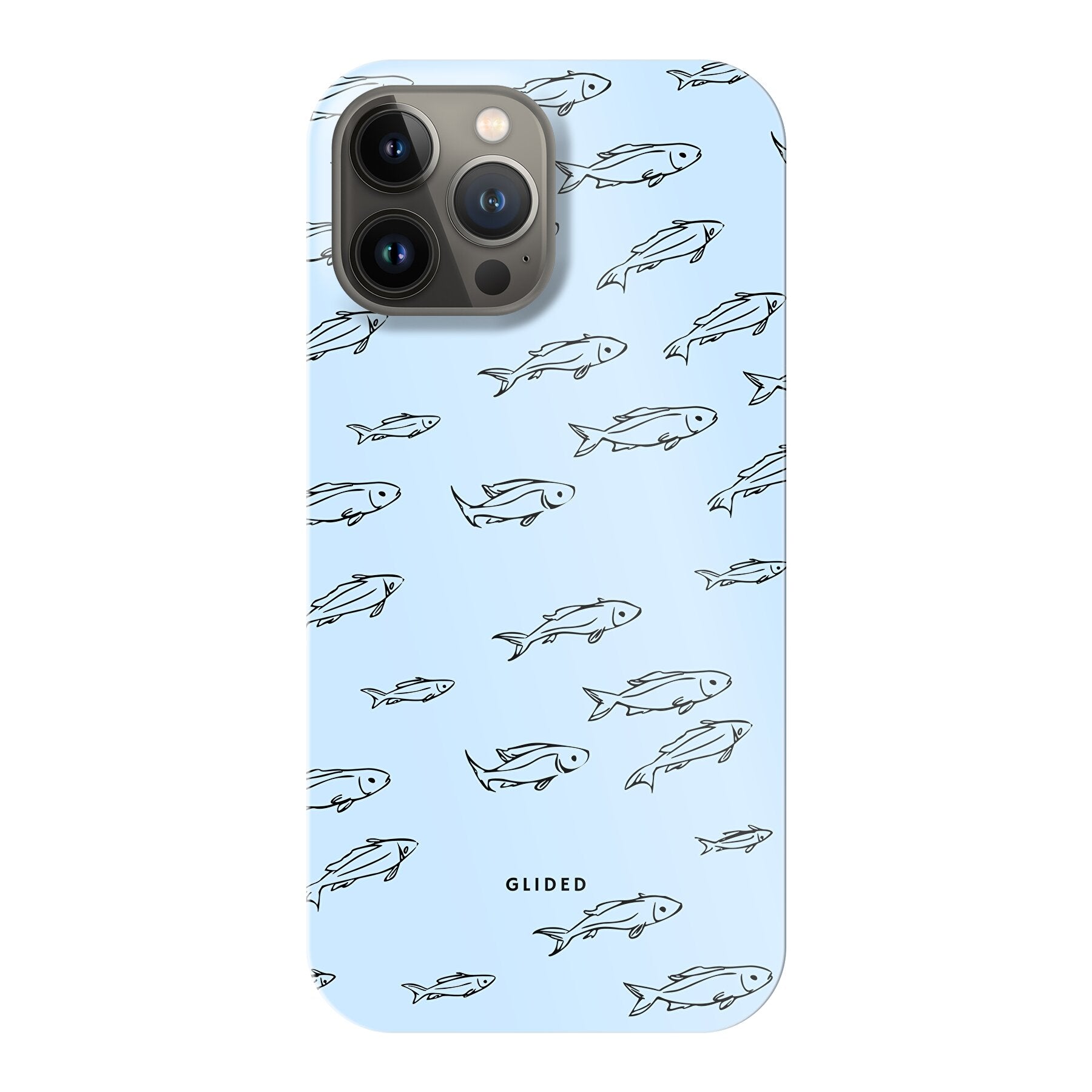 Fishy iPhone 13 Pro Max Handyhülle mit bunten Fischen auf einem hellen Hintergrund, bietet Schutz und Stil.
