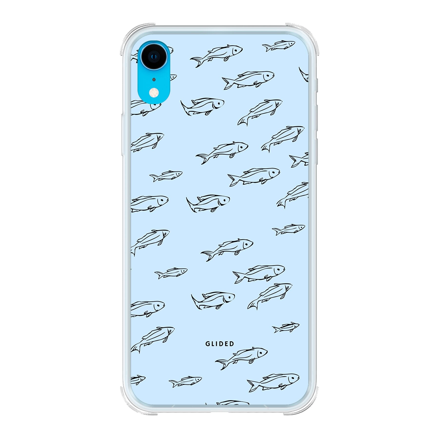 Fishy iPhone XR Handyhülle mit bunten Fischen auf einem hellen Hintergrund, bietet Schutz und Stil.