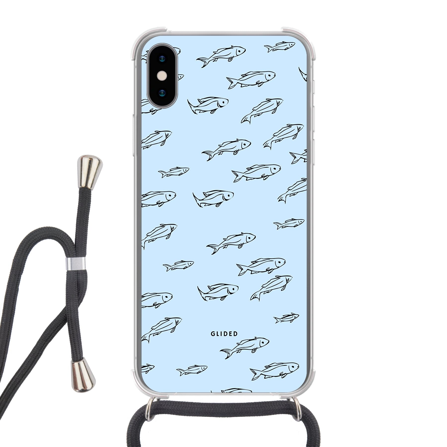 Fishy iPhone X/Xs Handyhülle mit bunten Fischen auf einem hellen Hintergrund, bietet Schutz und Stil.