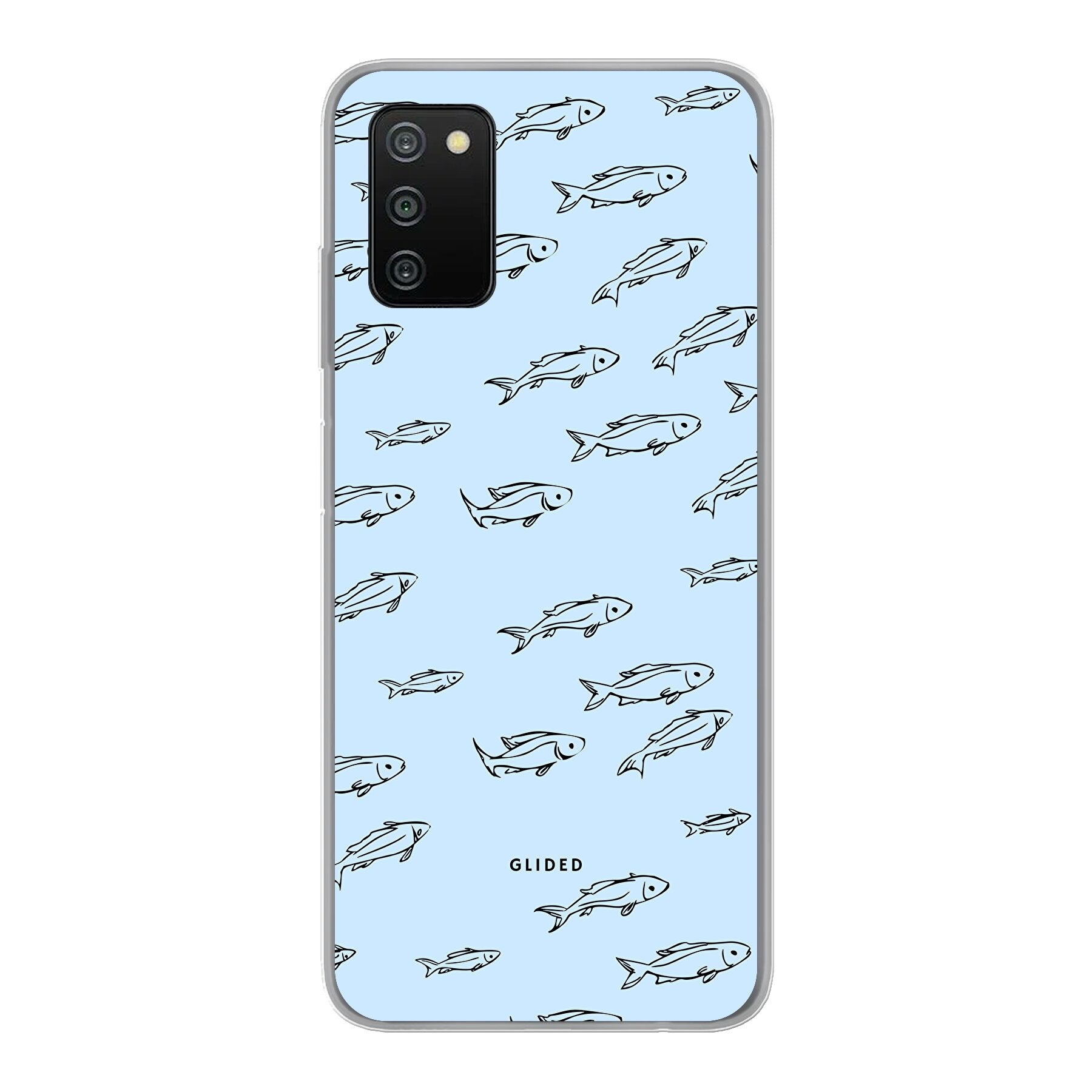 Fishy Handyhülle für Samsung Galaxy A03s mit bunten Fischen auf einem charmanten Hintergrund.