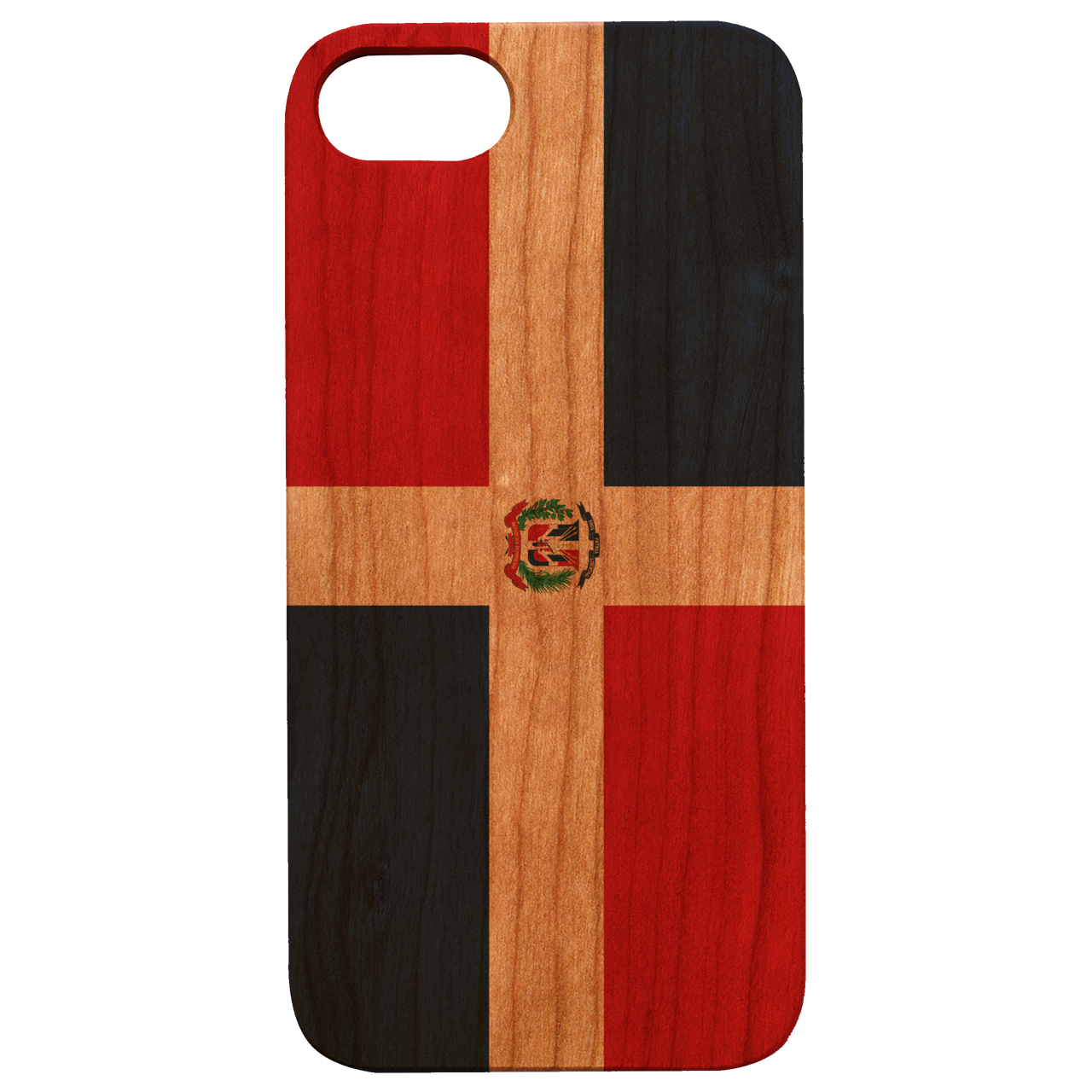 UV Color Printed phone case featuring the Dominican Republic flag, showcasing vibrant colors and a wooden texture.