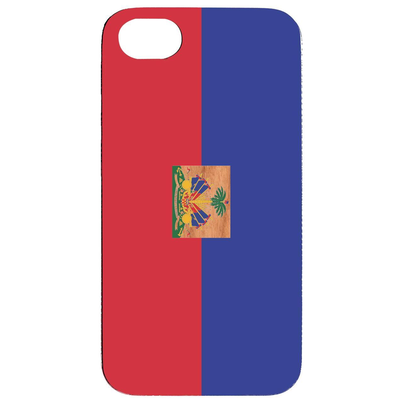 Flag Haiti UV Color Printed phone case showcasing vibrant colors and natural wood texture.