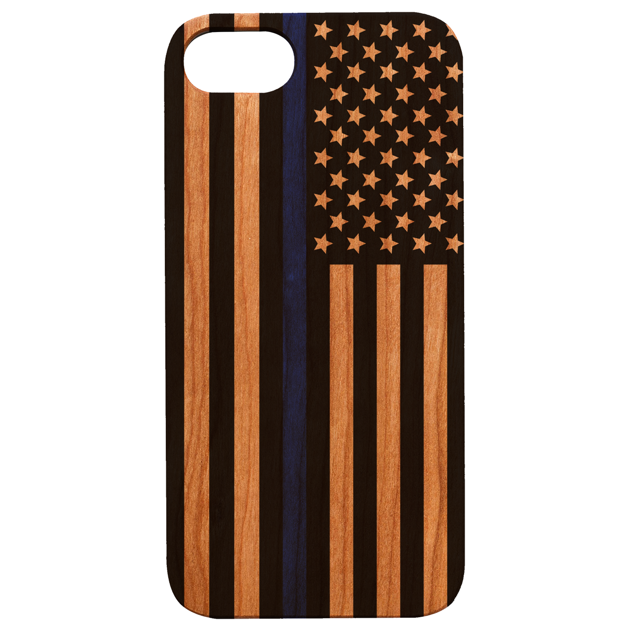 Flag Police 1 wooden phone case with UV color printed design, showcasing vibrant colors and natural wood texture.