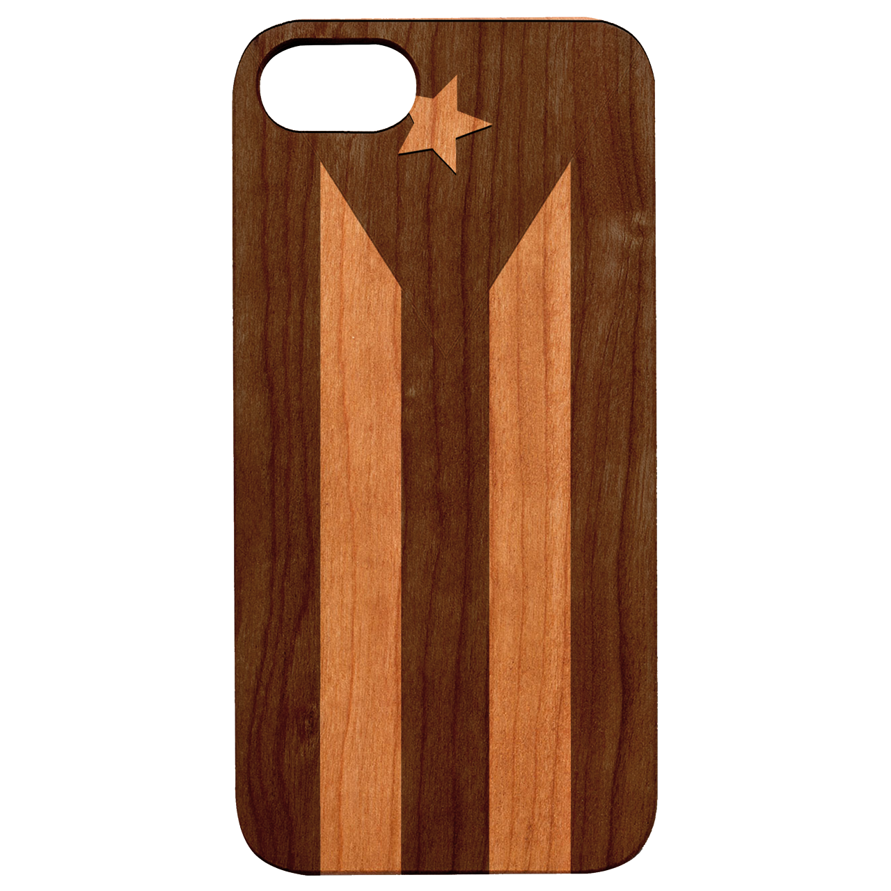Flag Puerto Rico Engraved wooden phone case showcasing vibrant colors and intricate design.