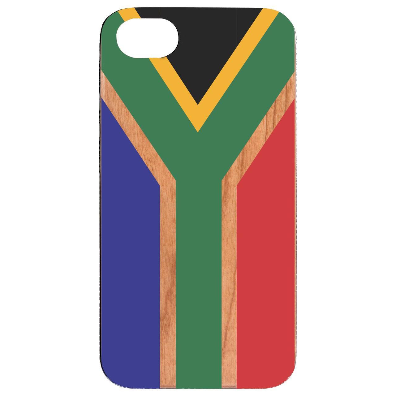 Flag South Africa UV Color Printed phone case showcasing vibrant colors and natural wood texture.