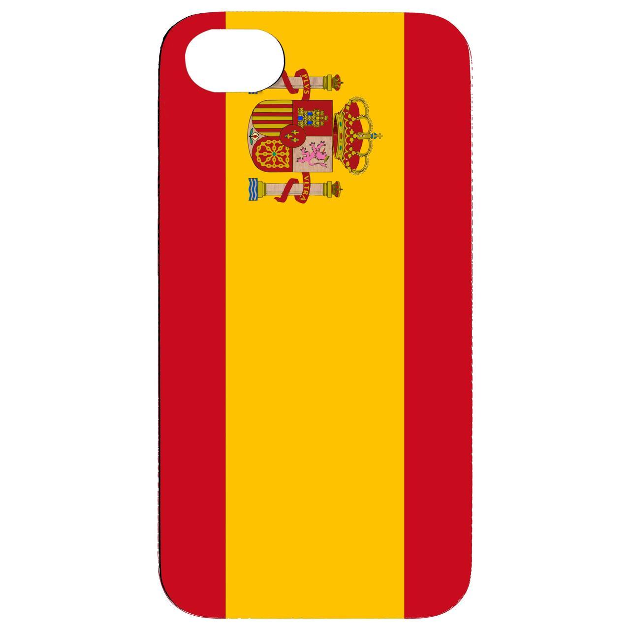 Flag Spain UV Color Printed phone case showcasing vibrant colors and wooden texture.