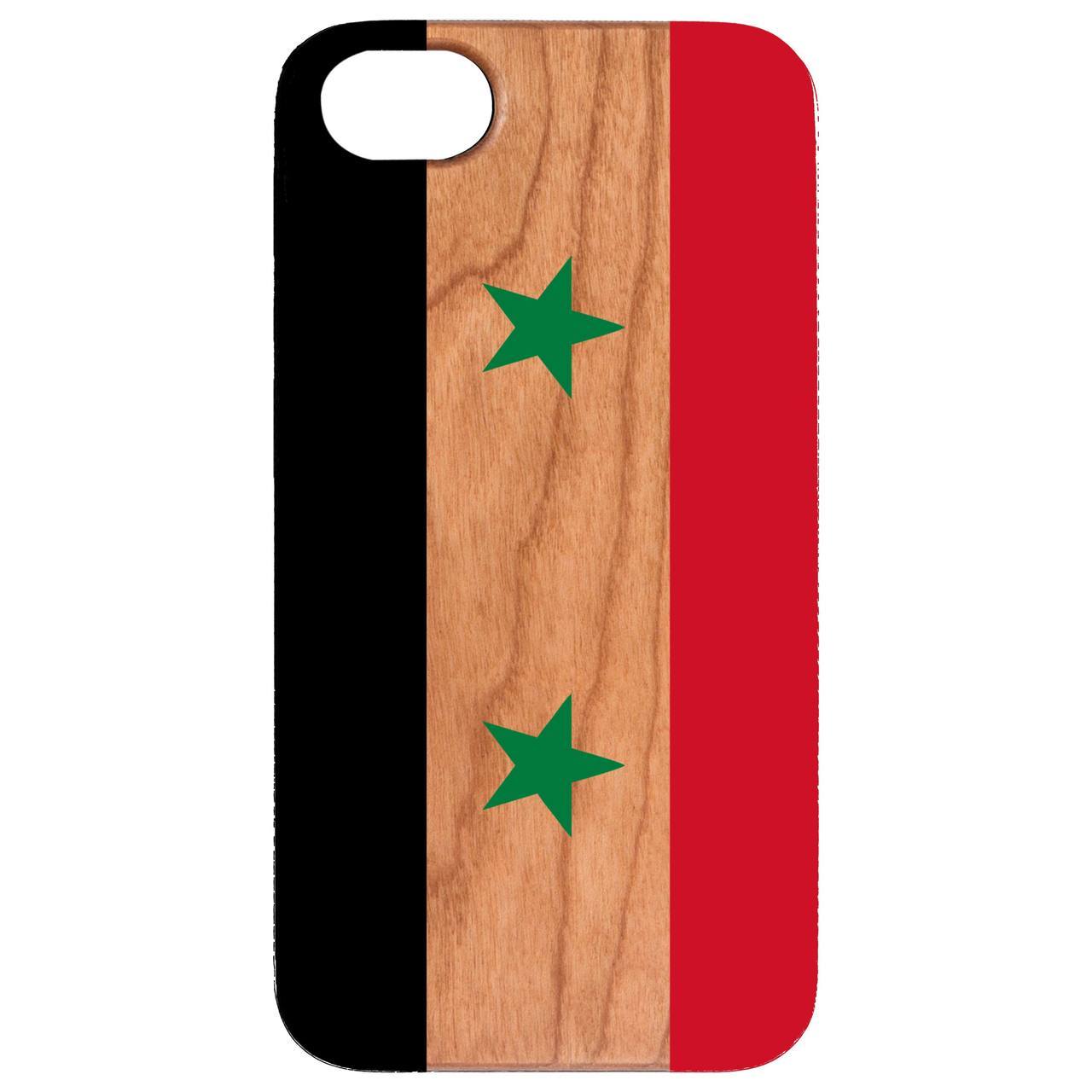 Flag Syria UV Color Printed phone case showcasing vibrant colors and wooden texture.