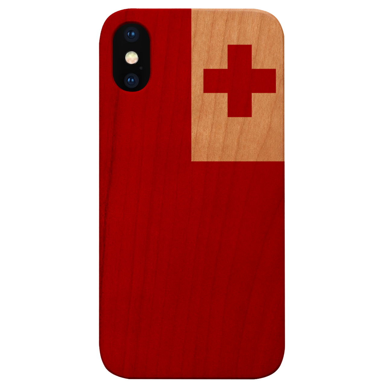 Flag Tonga UV Color Printed phone case showcasing vibrant colors and natural wood texture, designed for iPhone and Samsung models.