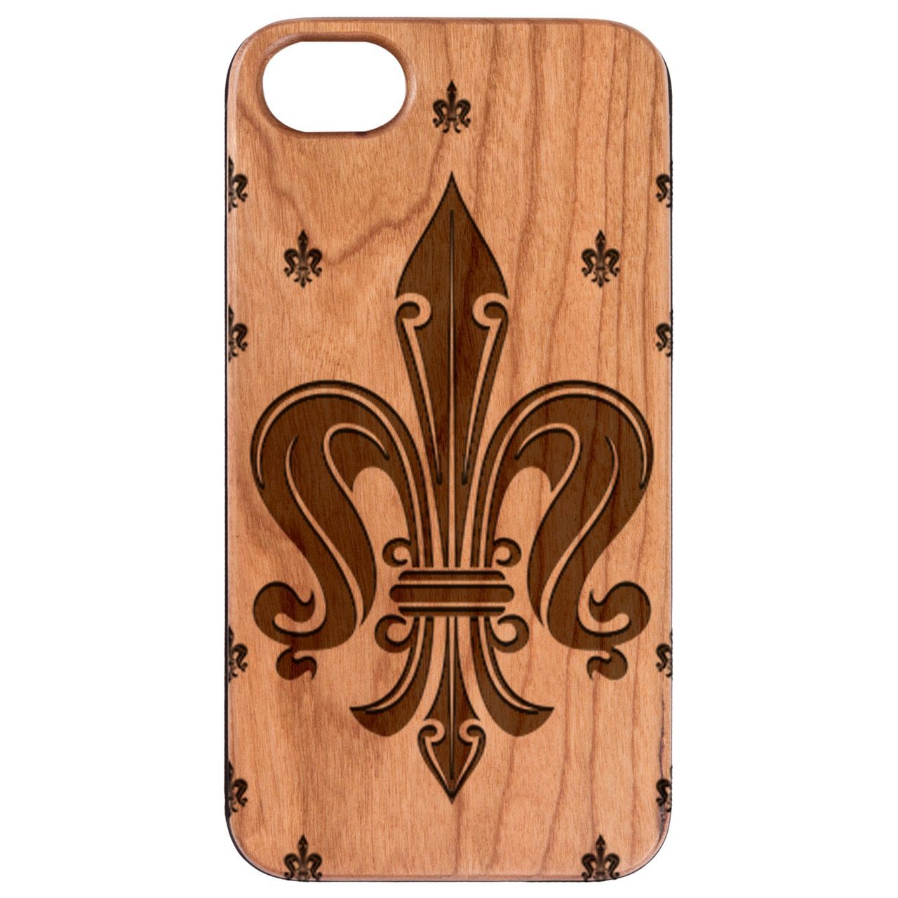 Fleurdelis Engraved wooden phone case showcasing intricate laser engravings and natural wood finish.