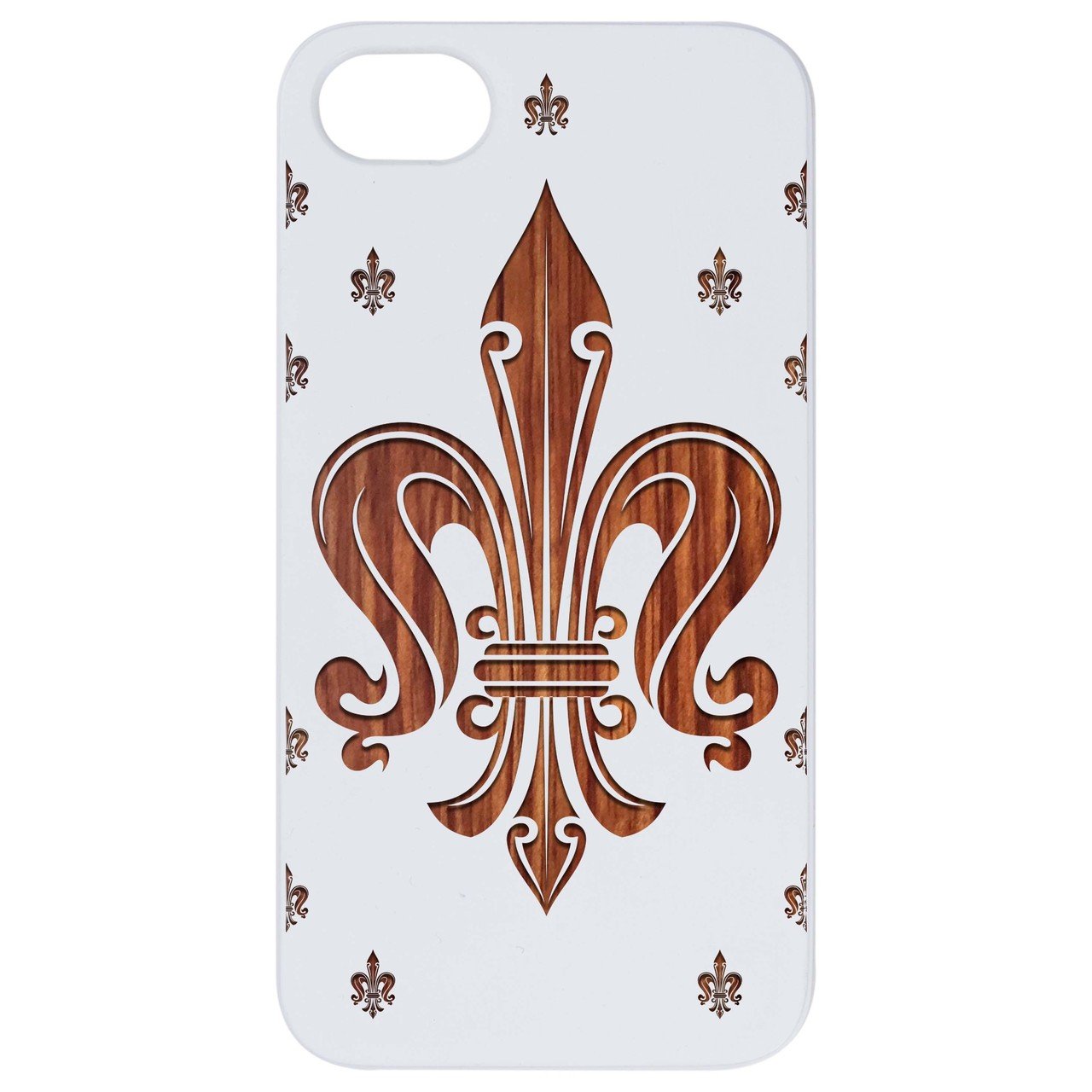 Fleurdelis Engraved wooden phone case showcasing intricate laser engravings and natural wood finish.