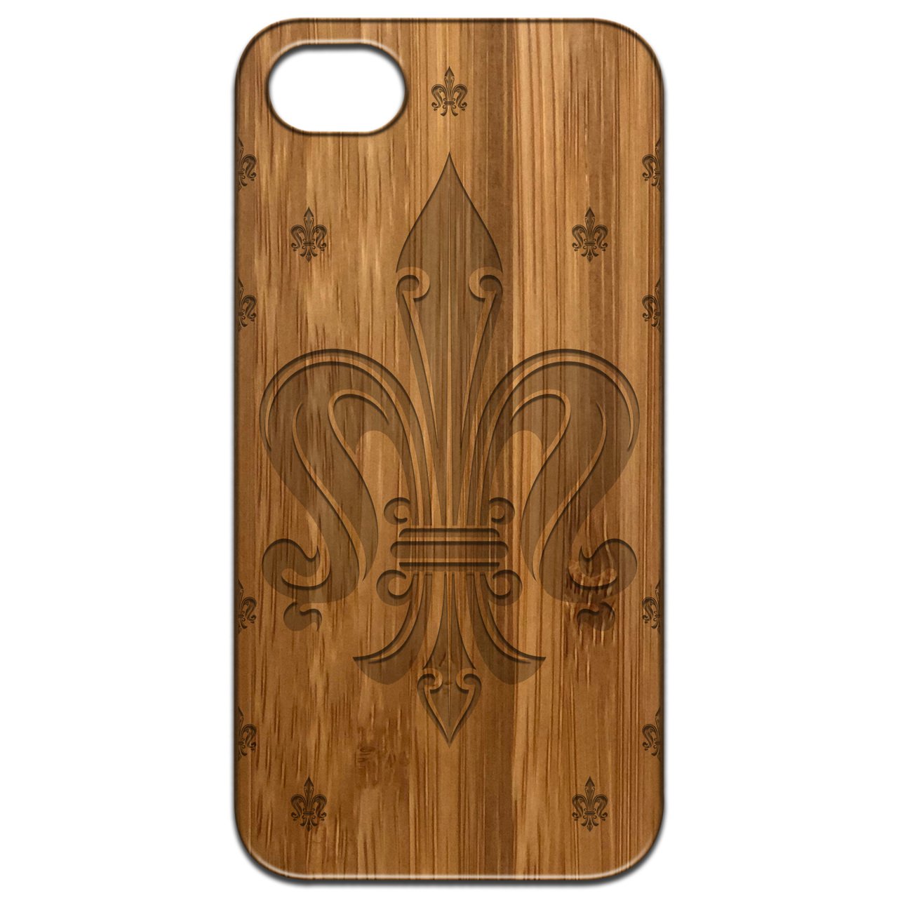 Fleurdelis Engraved wooden phone case showcasing intricate laser engravings and natural wood finish.