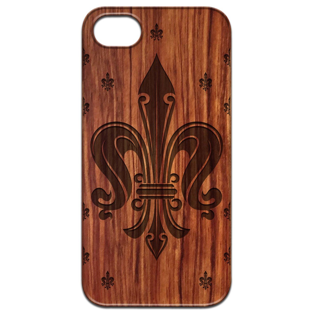 Fleurdelis Engraved wooden phone case showcasing intricate laser engravings and natural wood finish.