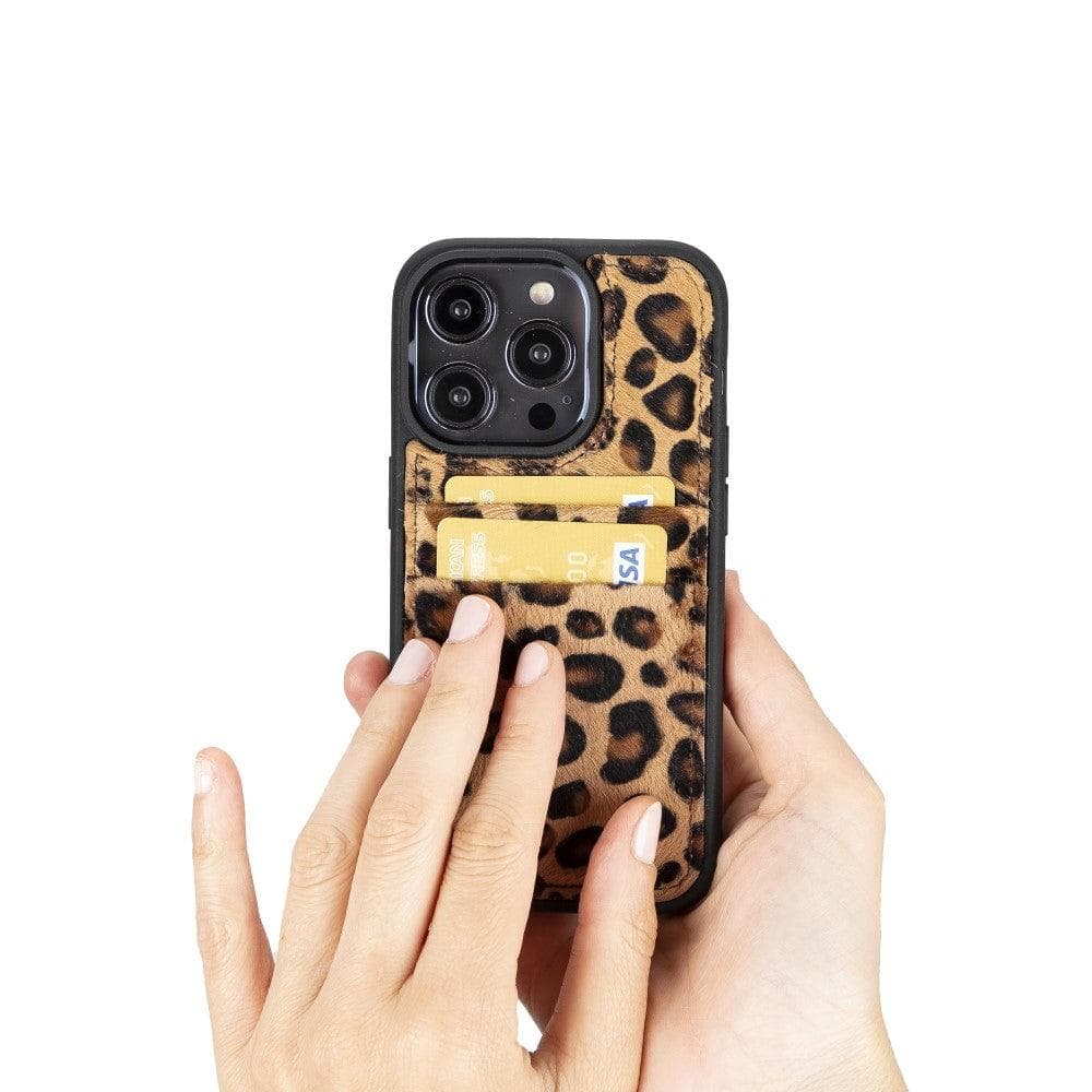 Flexible Leather Back Cover with Card Holder for iPhone 14 Series, showcasing its sleek design and card holder slots.