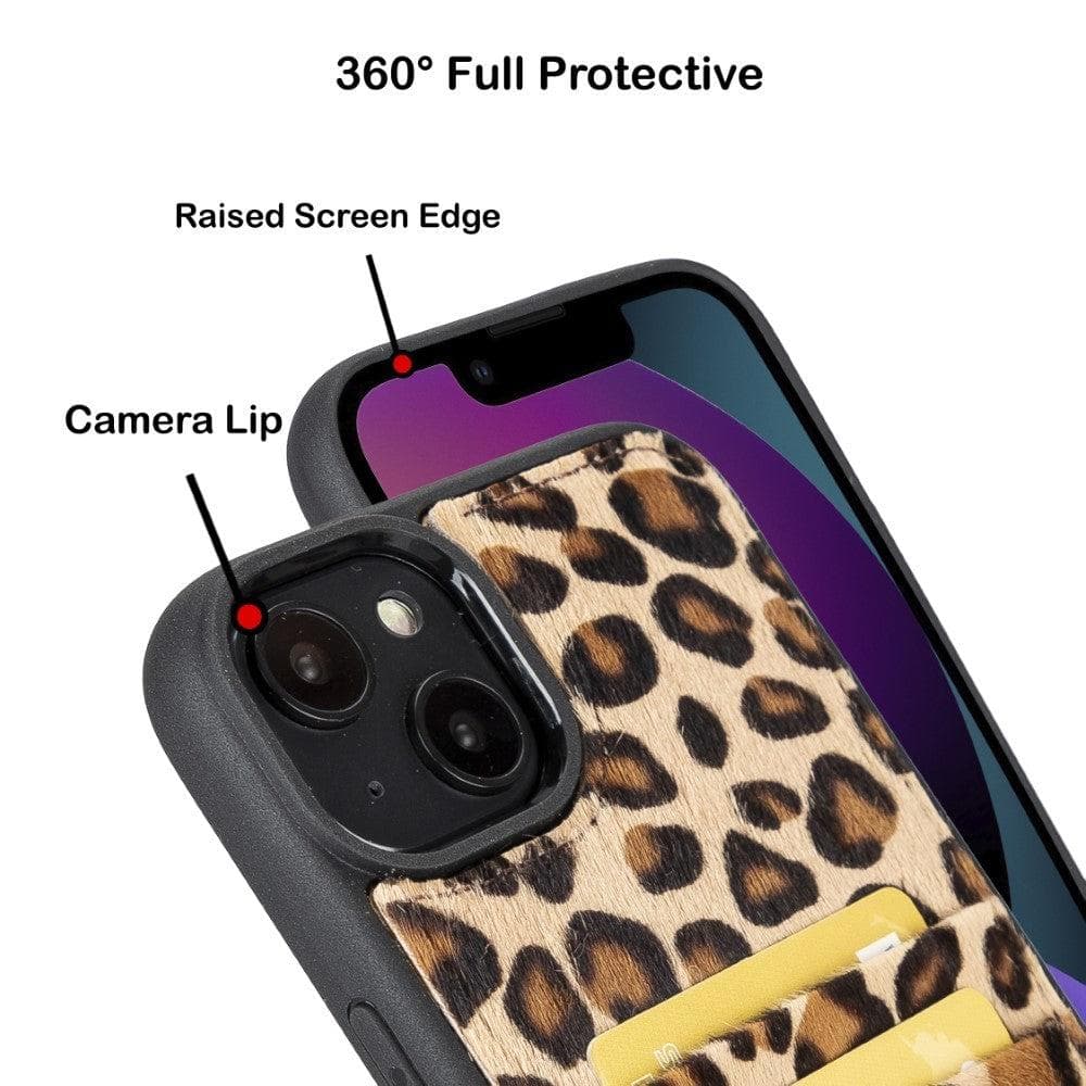 Flexible Leather Back Cover with Card Holder for iPhone 14 Series, showcasing its sleek design and card holder slots.