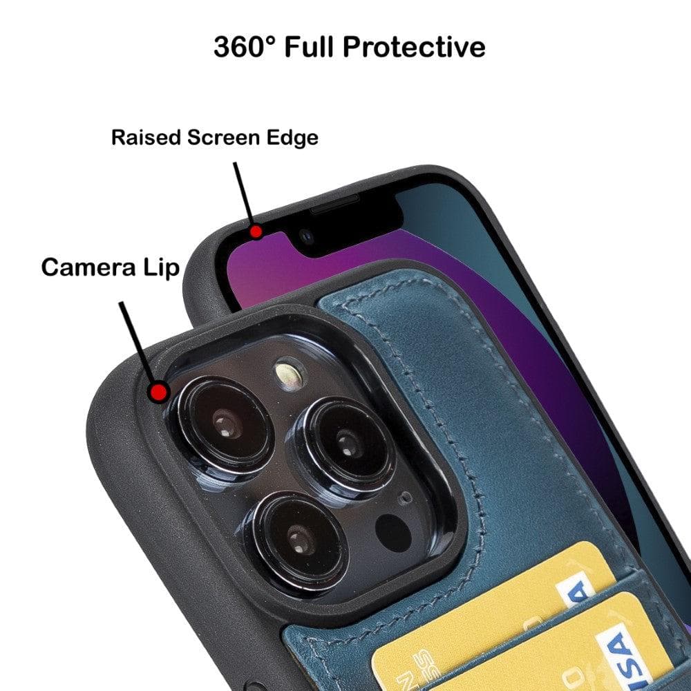 Flexible Leather Back Cover with Card Holder for iPhone 14 Series, showcasing its sleek design and card holder slots.