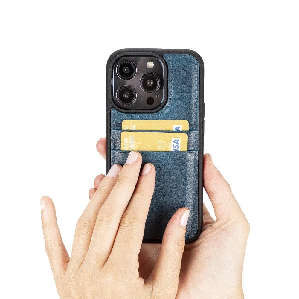 Flexible Leather Back Cover with Card Holder for iPhone 14 Series, showcasing its sleek design and card holder slots.