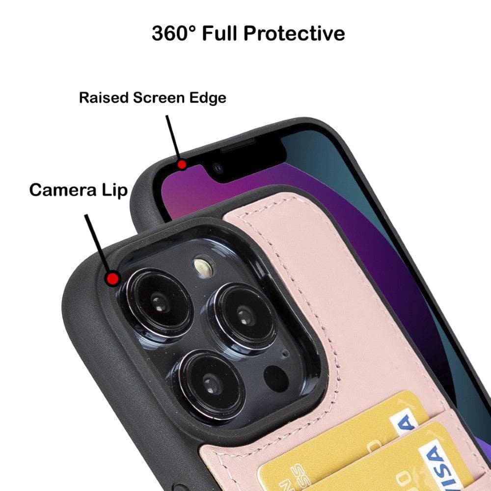 Flexible Leather Back Cover with Card Holder for iPhone 14 Series, showcasing its sleek design and card holder slots.