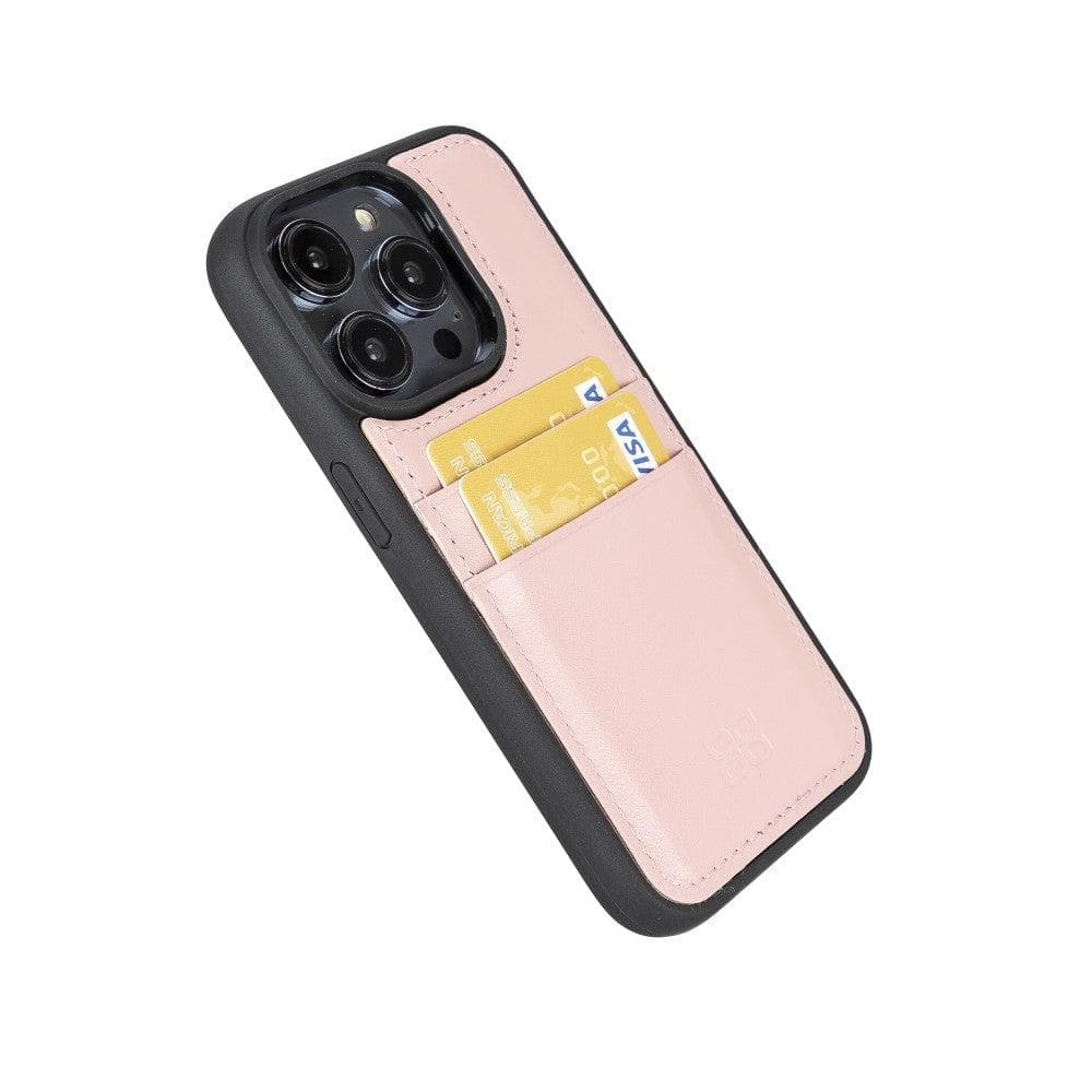 Flexible Leather Back Cover with Card Holder for iPhone 14 Series, showcasing its sleek design and card holder slots.