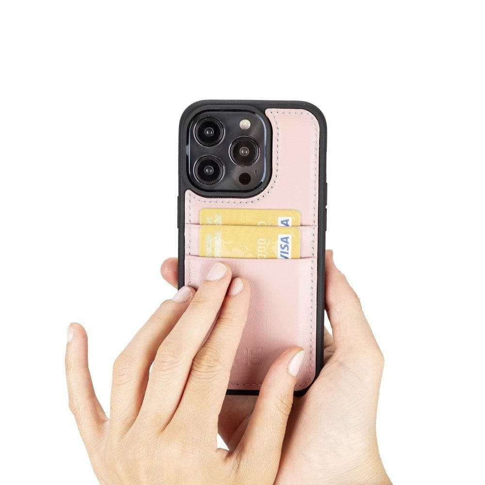 Flexible Leather Back Cover with Card Holder for iPhone 14 Series, showcasing its sleek design and card holder slots.