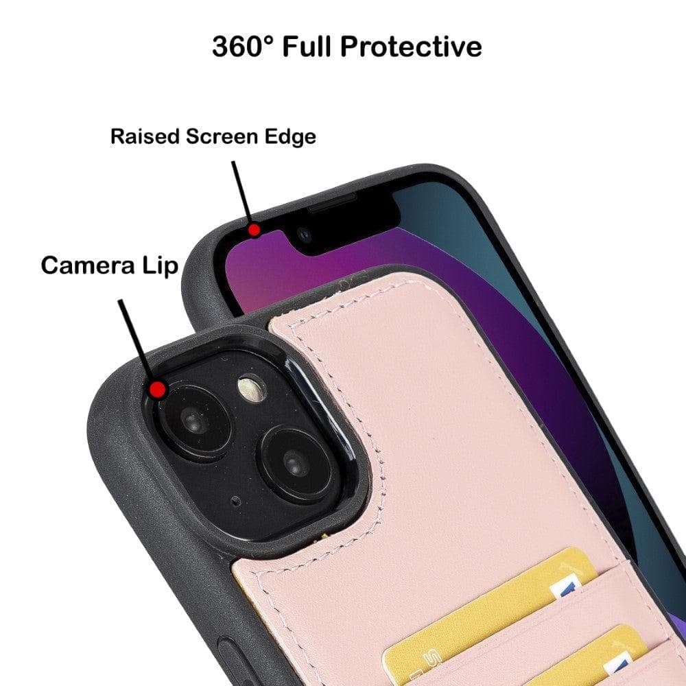 Flexible Leather Back Cover with Card Holder for iPhone 14 Series, showcasing its sleek design and card holder slots.