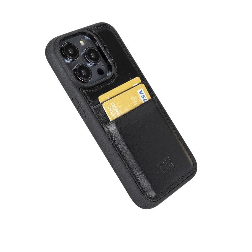 Flexible Leather Back Cover with Card Holder for iPhone 14 Series, showcasing its sleek design and card holder slots.